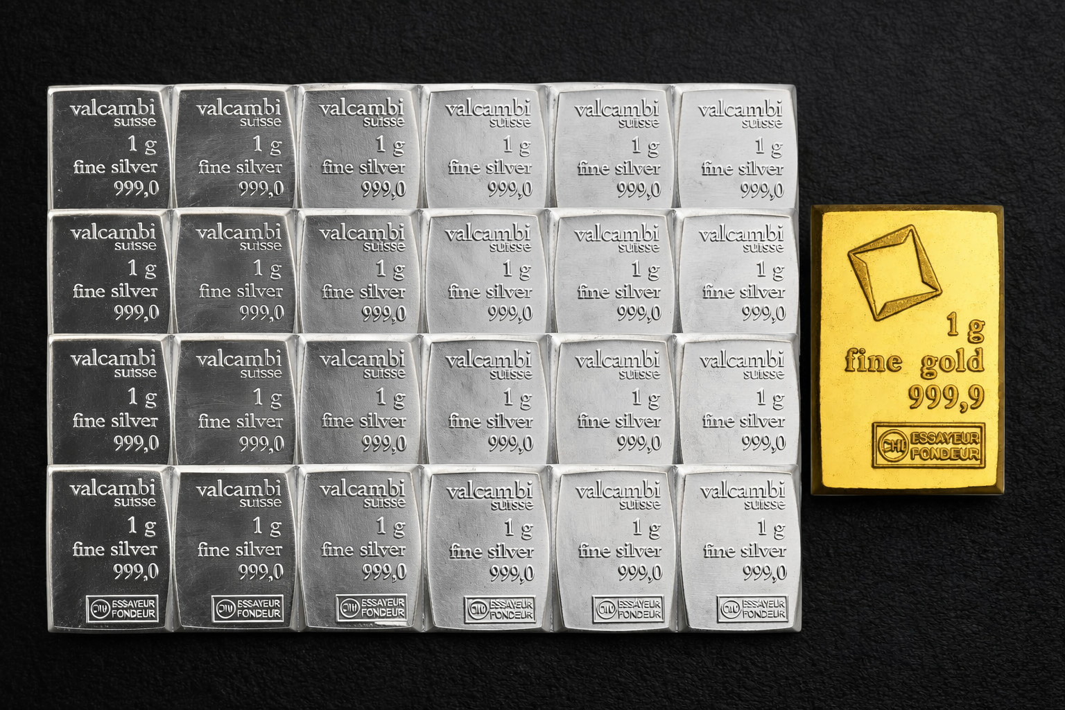 1g Gold + 20x 1g Silver Valcambi Suisse .999 Fine Bullion Bars Lot Set