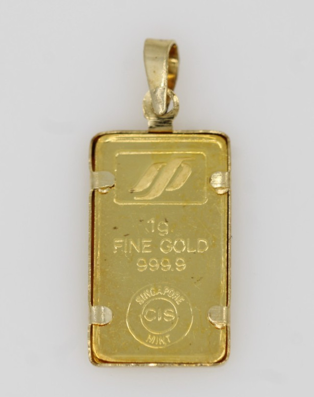 Vintage Singapore Mint 1 Gram .9999 Gold Panda Gram Bar in 14k Gold Bezel