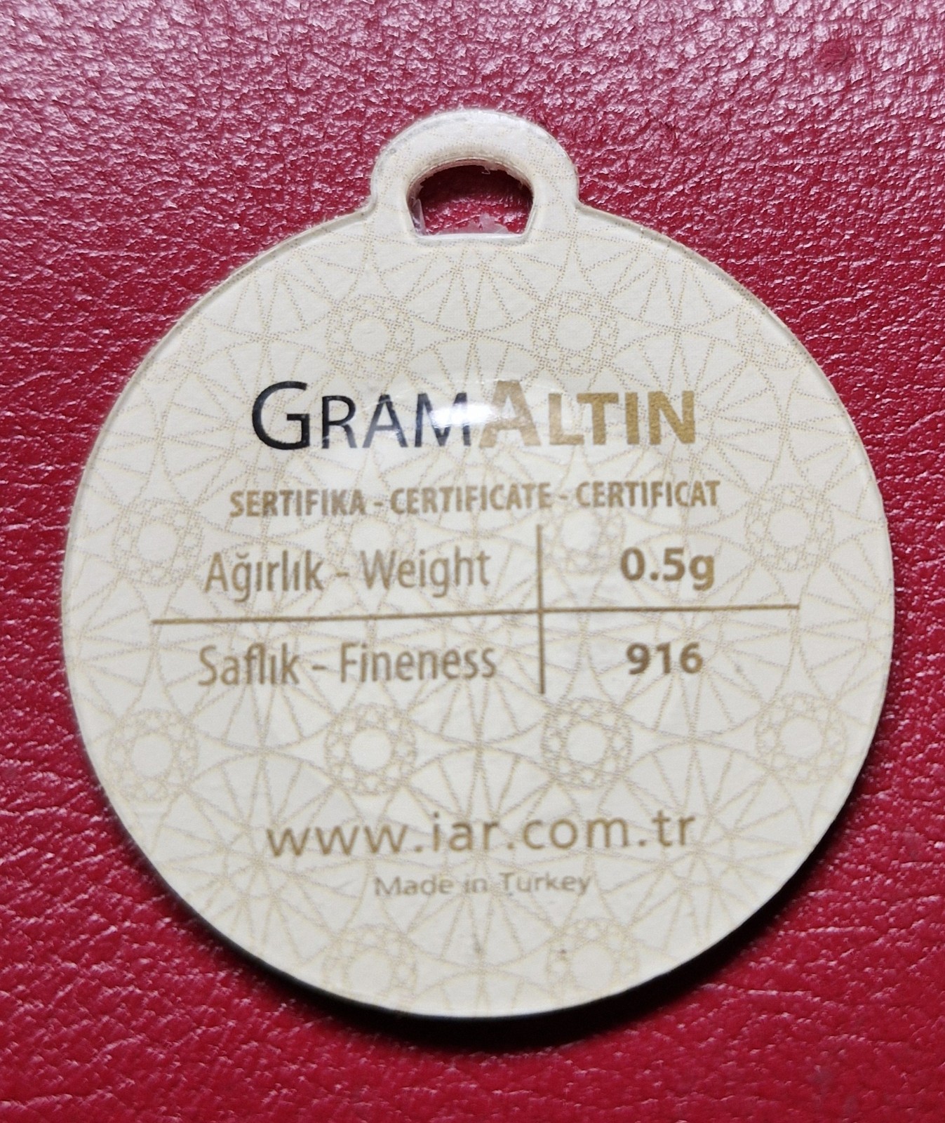 Turkey 0.5 Gram 22 K Gold Disc In Assay Disc Rare Piece