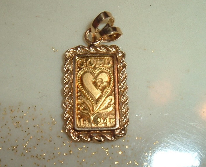 1 GRAM 24K .9999 FINE GOLD HEART BAR 14 KT ROPE BEZEL 4MM BAIL PENDANT 2.29g