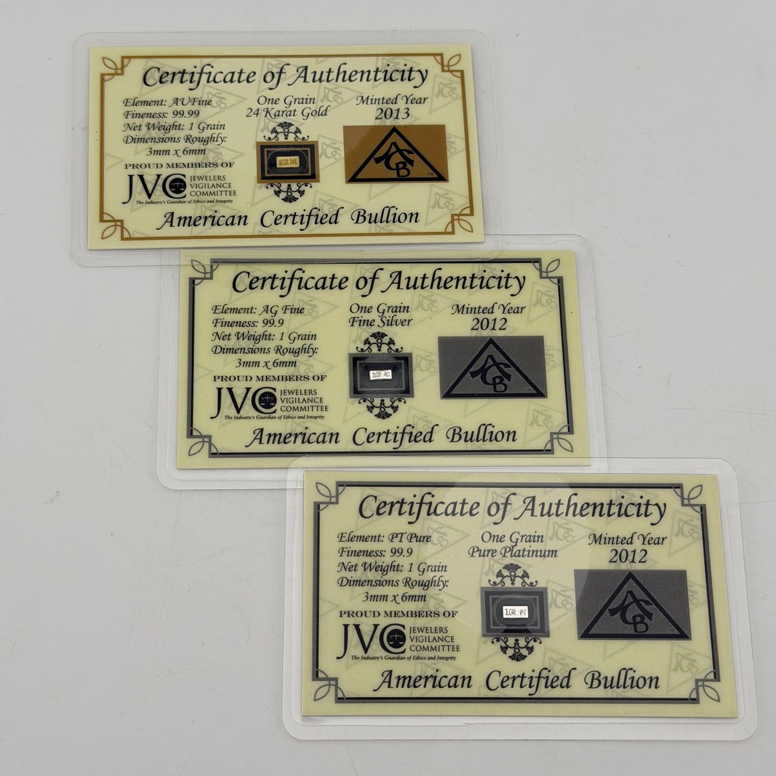 ACB Gold Silver Platinum 1GRAIN Combo Pack BULLION Bars w/COA’s