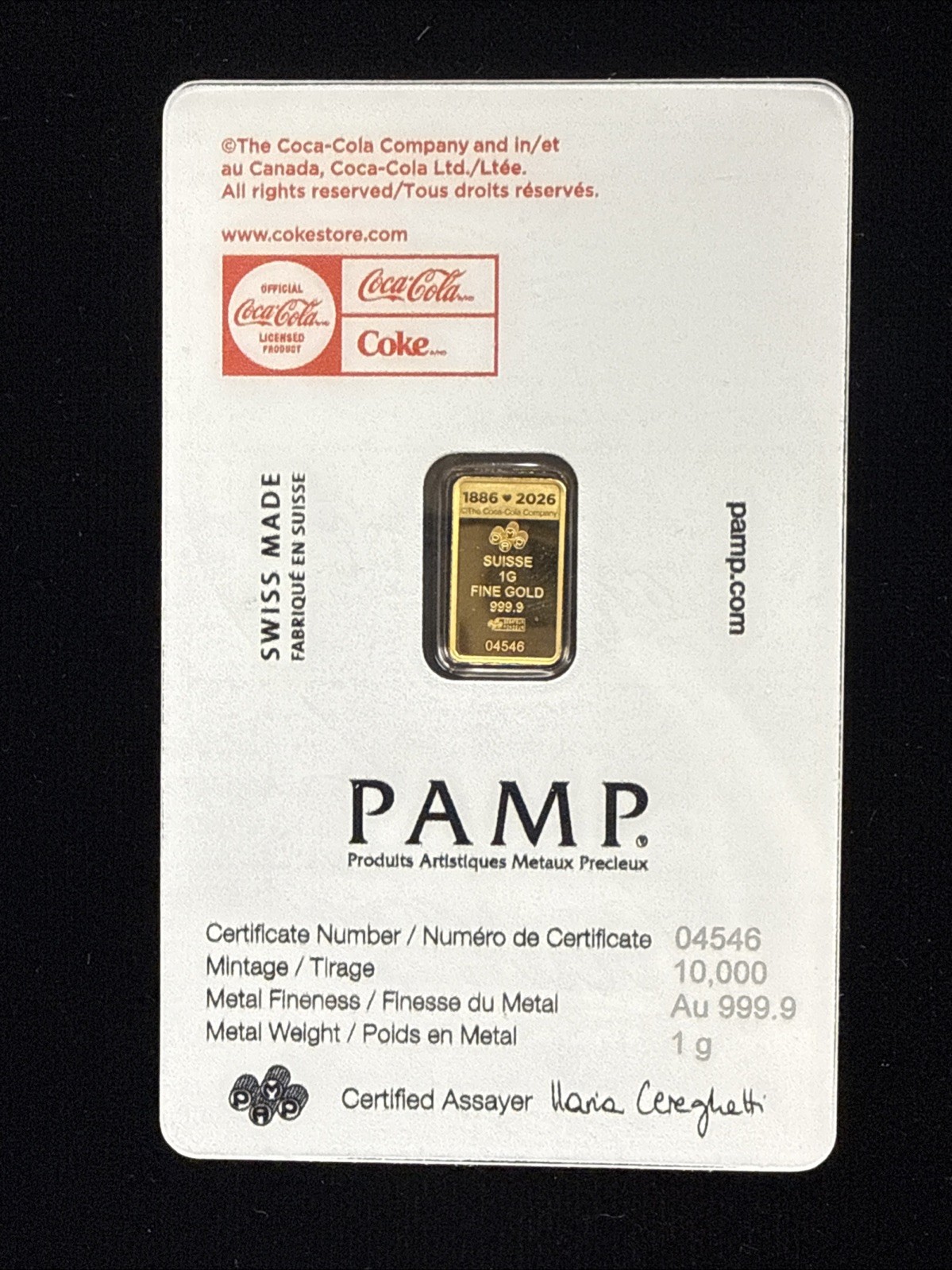 1 Gram Coca-Cola Valentine’s Love Gold Bar Minted by PAMP Suisse In Assay
