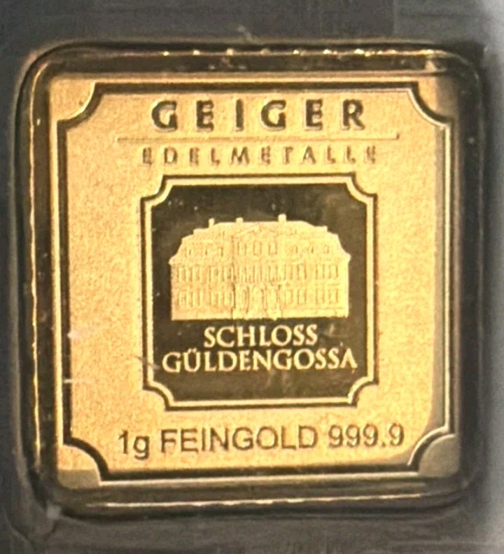 Geiger Gold 1 gram .999 Loose Bar (stock photo)