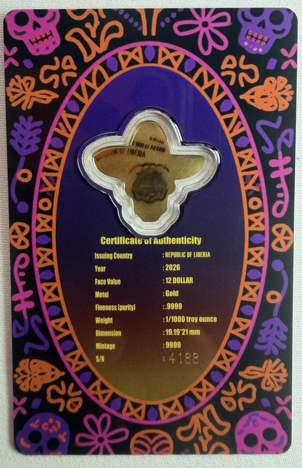 2026 Liberia 1/1000th Gold Carded Dia De Los Muertos Special Shaped with Capsule