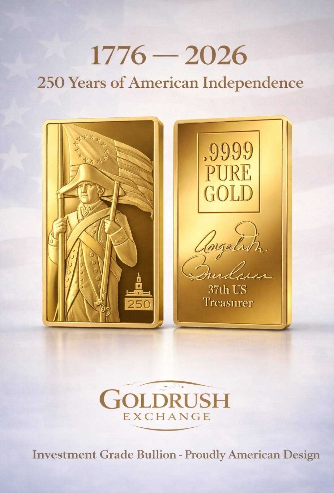 .9999 Fine Gold Bar George Washington 1776 American Flag Revolutionary Bullion