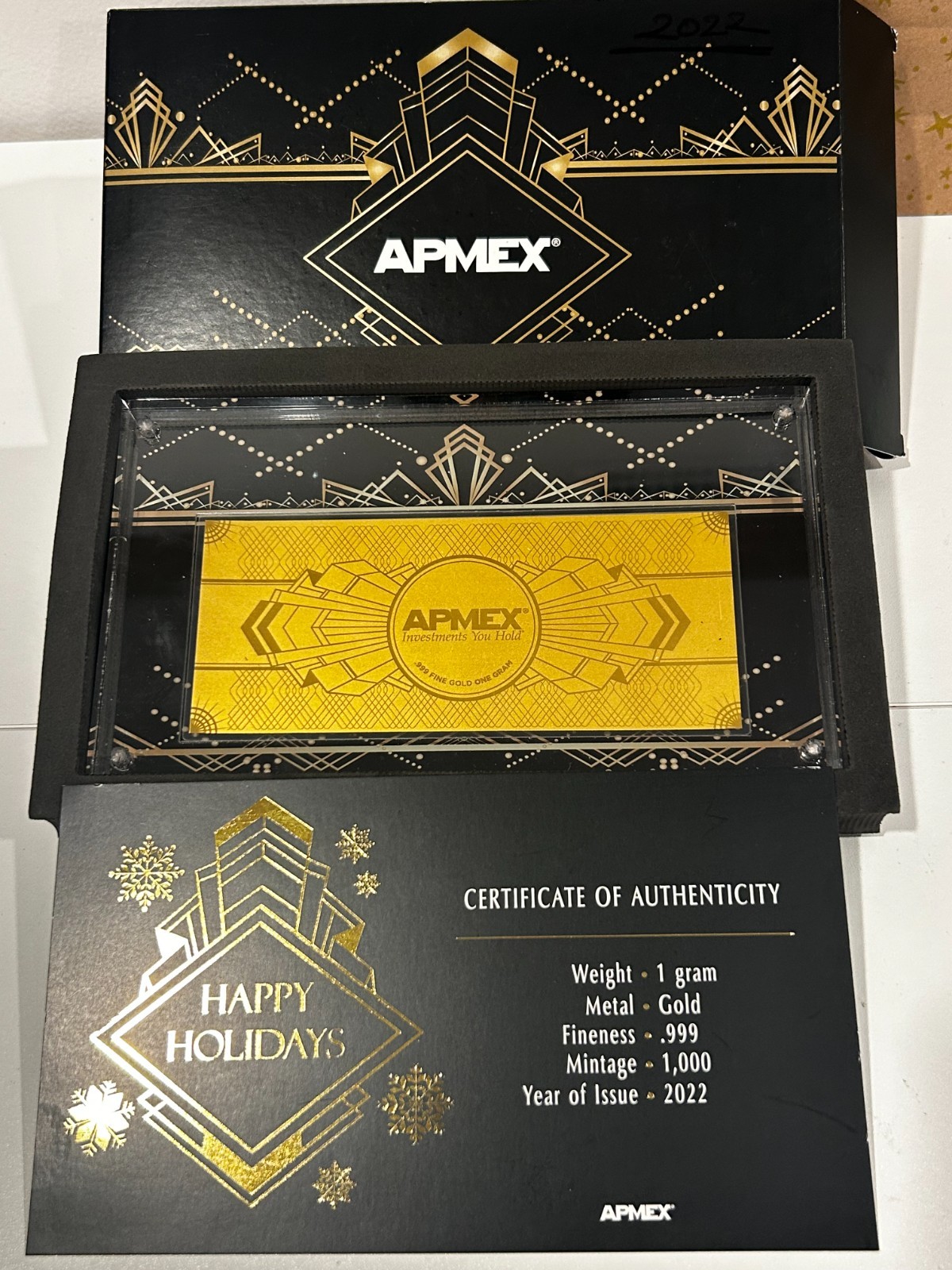 2022 APMEX Limited Edition Happy Holidays 1 gram .999 Fine Gold Foil Note