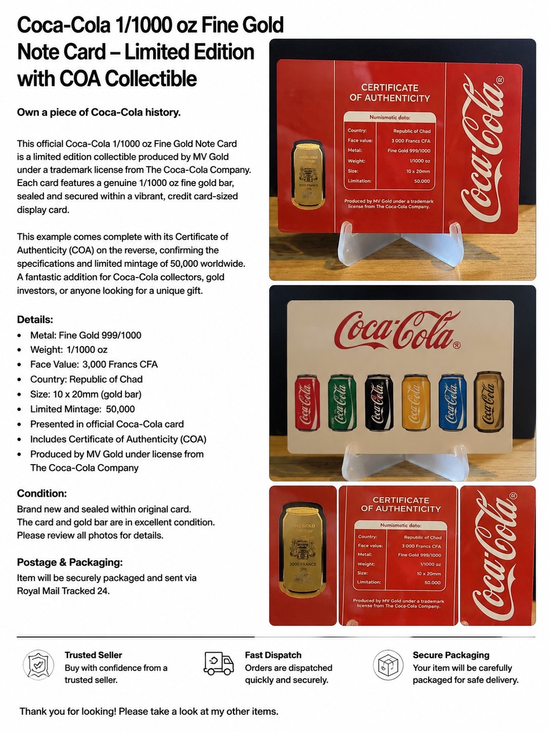 Coca-Cola 1/1000 oz Fine Gold Note Card with COA – Limited Edition Collectible