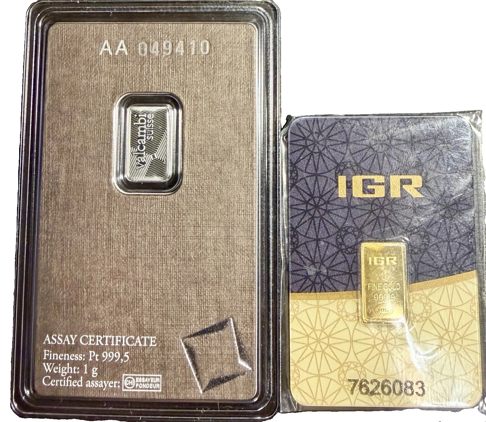 Valcambi 1g Platinum & IGR 1g Gold Bar Sealed Assay Bullion Bundle