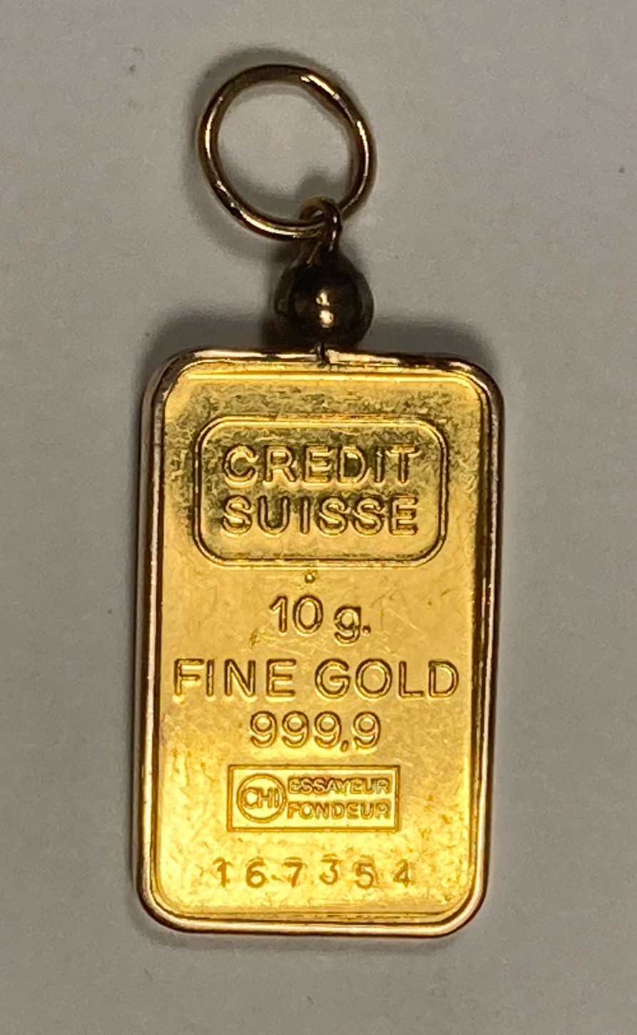 10 gram Gold Bar Set in 14K Bezel and Bale. .4oz AGW.