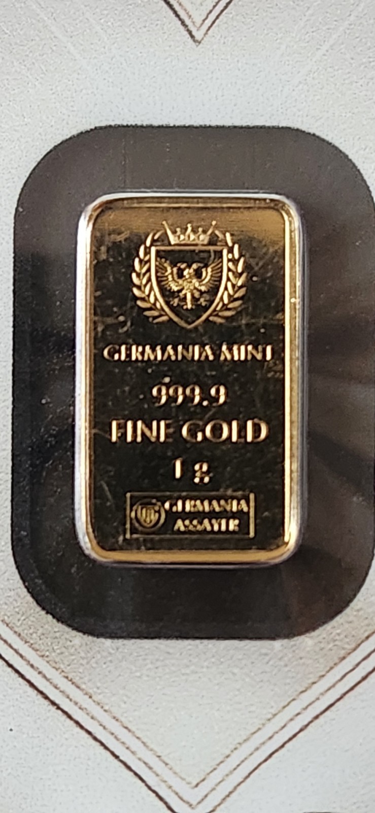 Germania Mint 1 gram 999.9 Fine Gold Bar In Assay “Best Wishes”