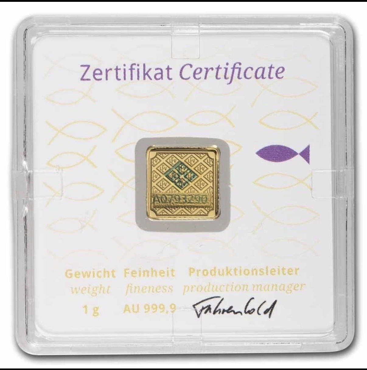 Geiger Edelmetalle 1g Gold Bar Purple Fish – Square Design in Assay