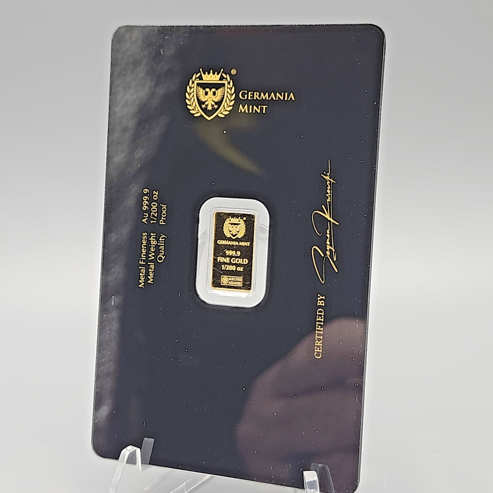 Germania Mint 1/200oz Gold Lady Germania Proof Bar W/ Safepack Assay Card