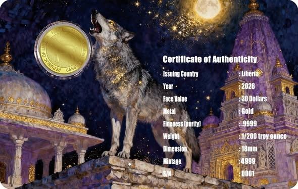 2026 Liberia The Great Wolf Mandala 1/200oz 9999 Gold Coin in Themed Card