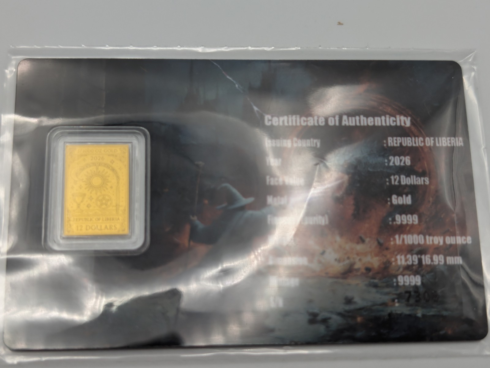 Republic of Liberia 2026 The Magician 1/1000 oz .9999 Fine Gold Bar W/ COA Card