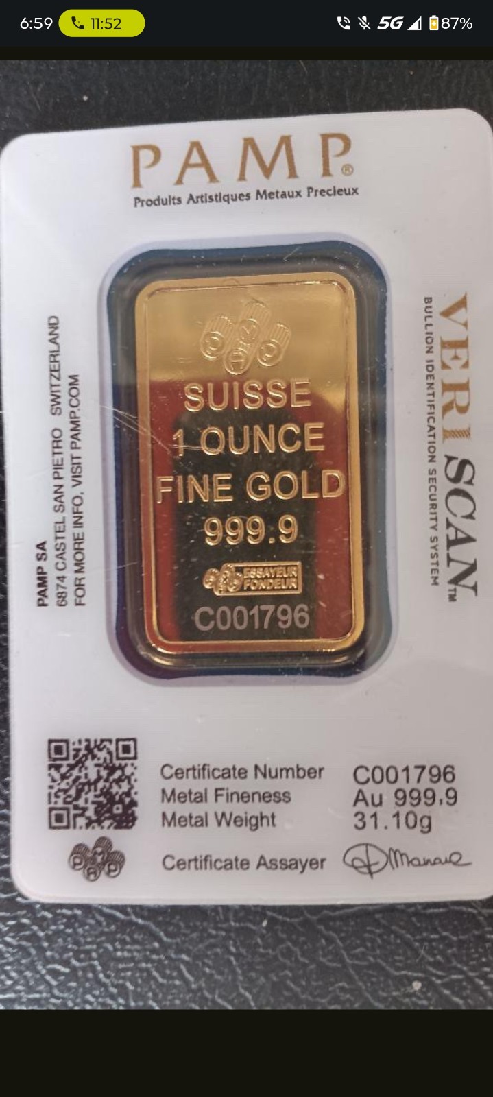 Pamp Suisse 1 Ounce Gold Bar 999.9 Fine Gold Bullion
