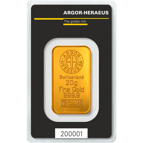 20 Gram Argor Heraeus Gold Bar (New w/ Assay)