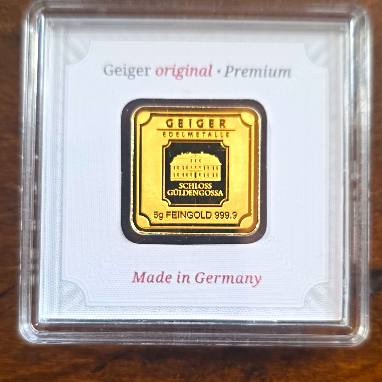 Geiger Edelmetalle 5g Gold Bar 0.9999 Fine Schloss Güldengossa in Assay