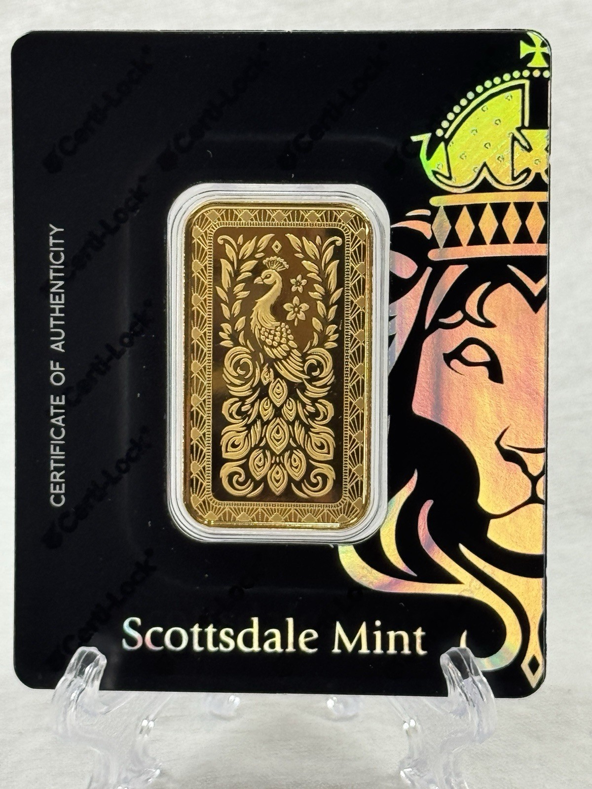 1 oz .9999 Gold Bar Scottsdale Marquee Peacock Gold Bar in Certi-Lock Assay