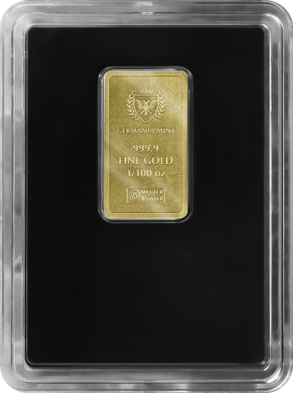 Germania Mint 1/100 Gold Lady Germania Stamped Bar in Capsule