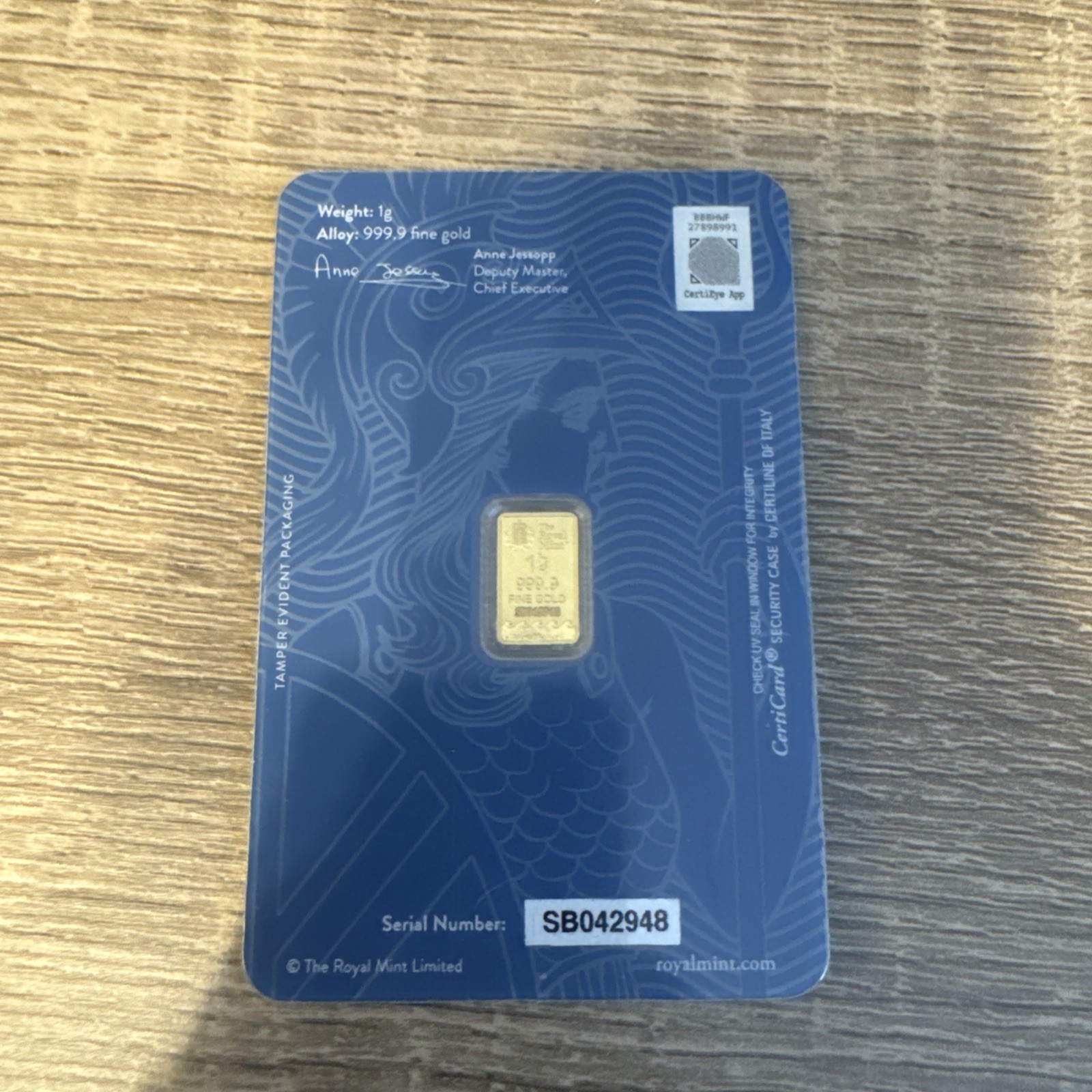 Royal Mint Britannia 1g Gold Bar 24K 999.9 Fine Sealed Assay Card (AU .999)