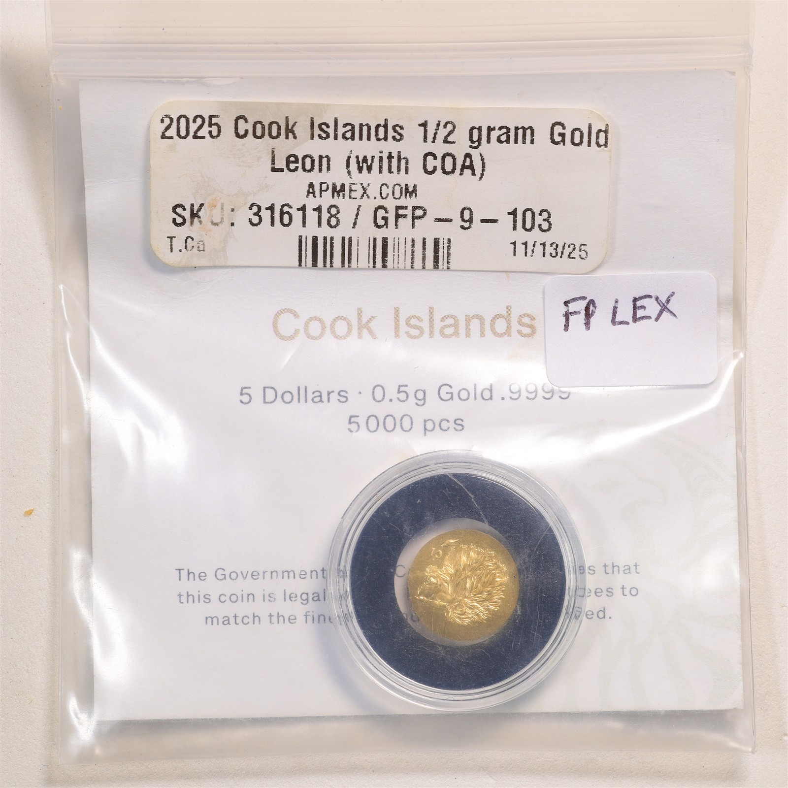 Cook Islands 2025 1/2 Gram 0.9999 Fine Gold Leon Lion with COA #316118