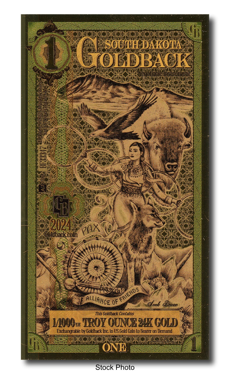 2024 Aurum 1 GB South Dakota 1/1000 oz 24K Gold Foil Note Ltd. Ed. One Goldback