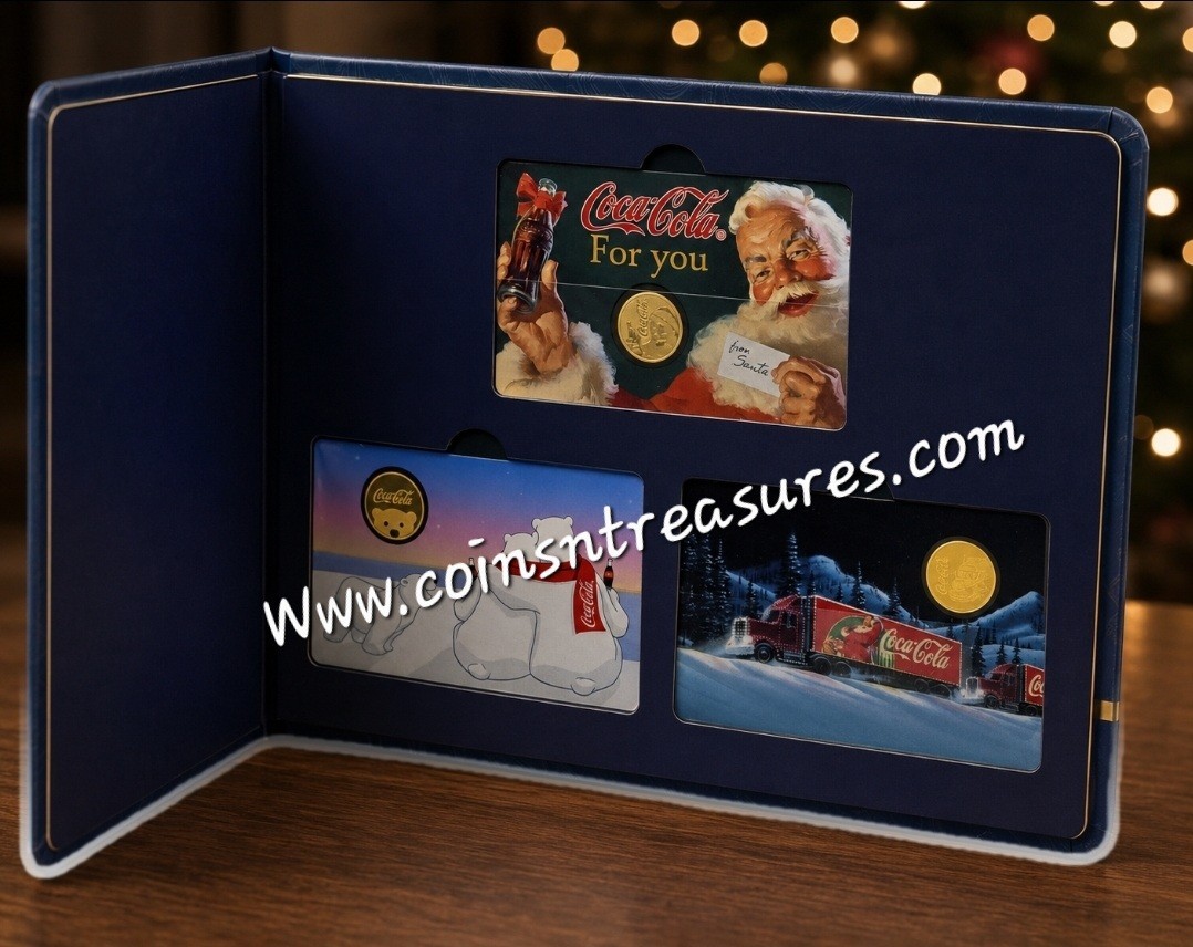 Coca Cola Christmas 1/1000 Oz 999 Gold 3 coin cards Album