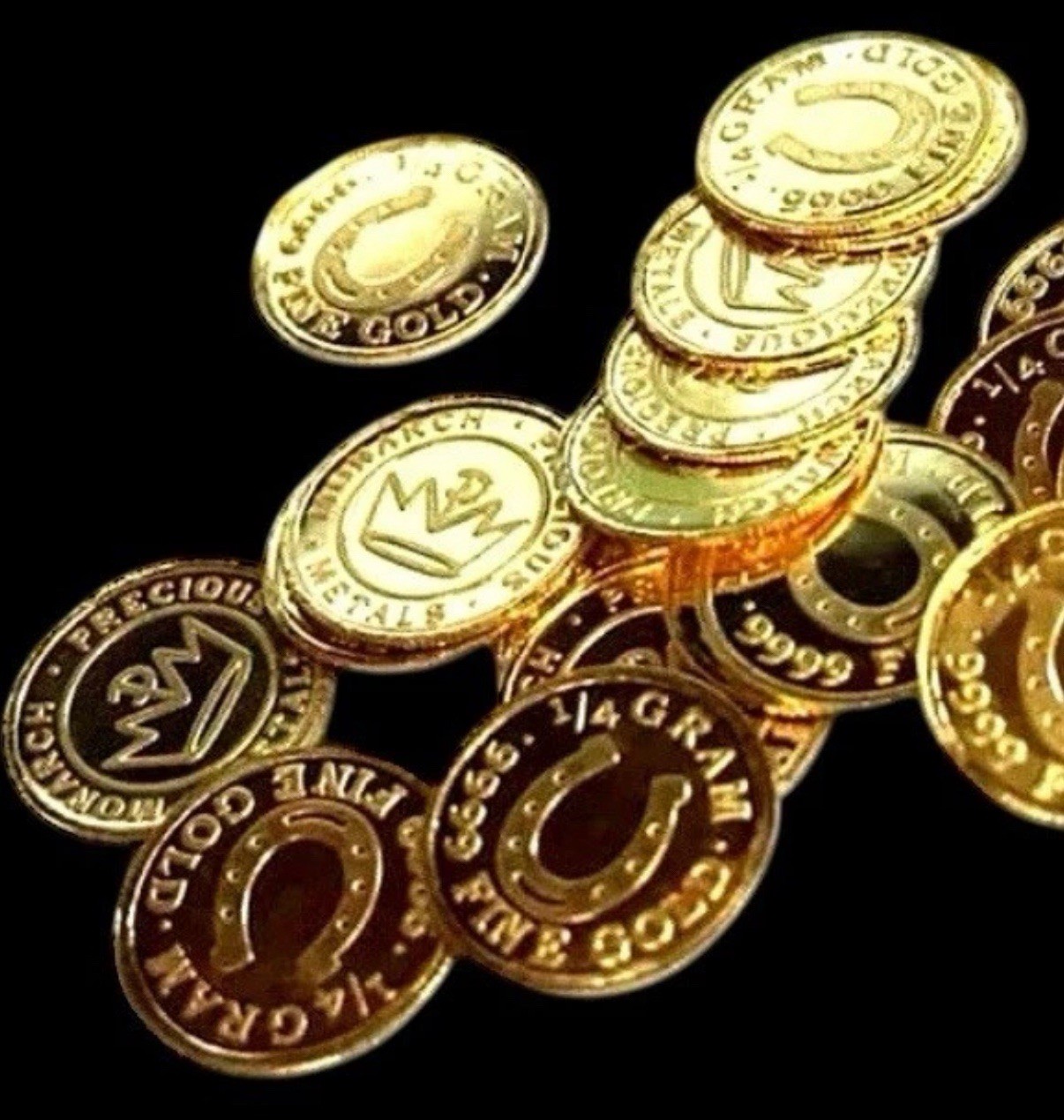 LOT X 10 MONARCH 1/4 GRAM LUCKY HORSESHOE .9999 FINE GOLD ROUNDS IN CAPSULE