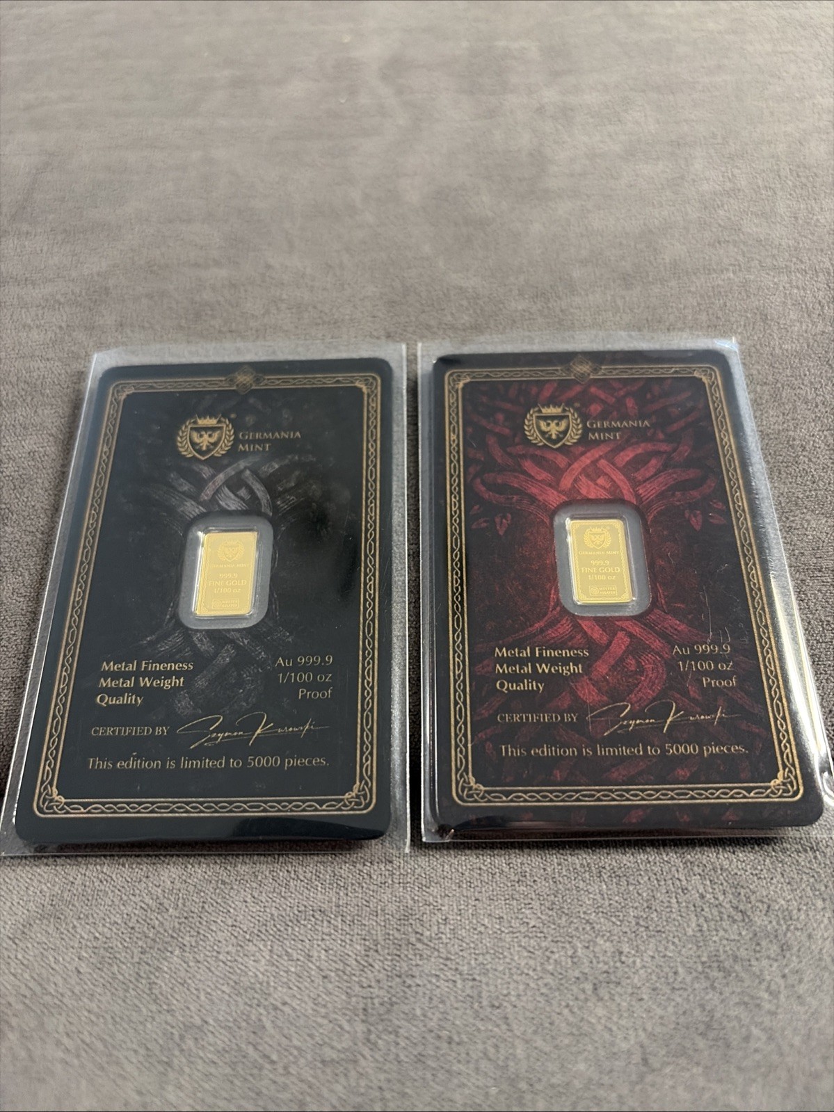 Gods Of Germania Mint Pair – Odin & Frigg Each 1/100 Oz Fine Gold AU 999.9 Proof