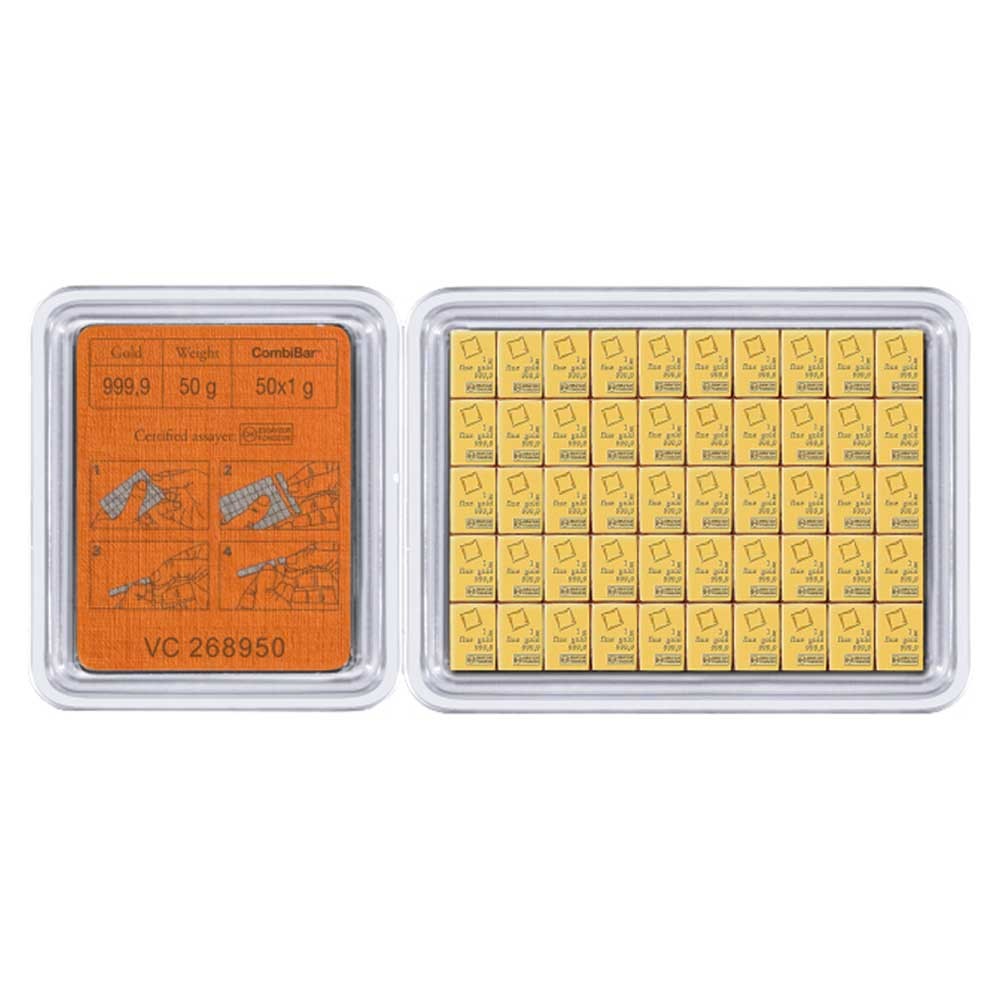 50 Gram Valcambi Suisse .9999 Fine Gold Bar CombiBar