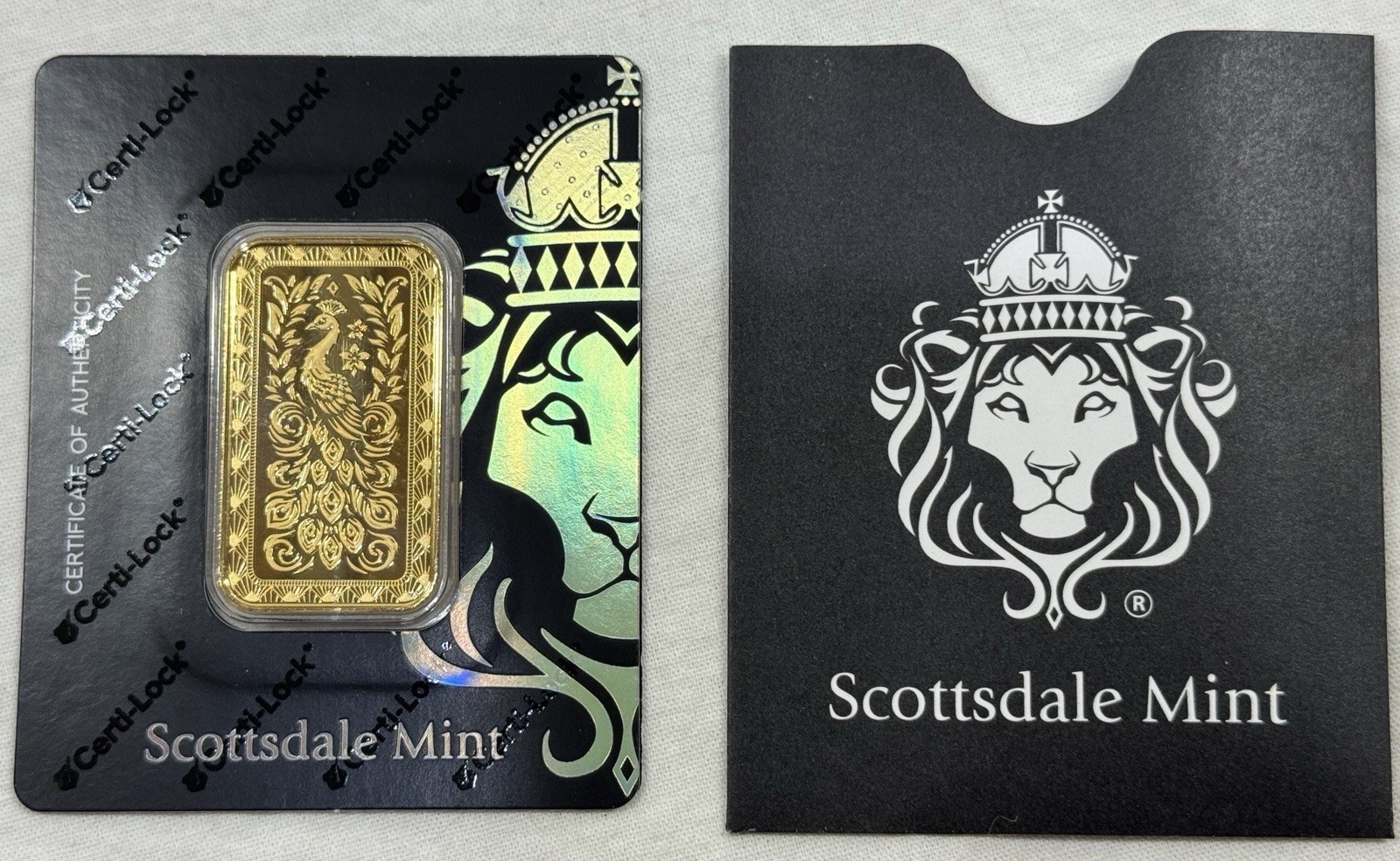 1 oz .9999 Gold Bar Scottsdale Marquee Peacock Gold Bar in Certi-Lock Assay