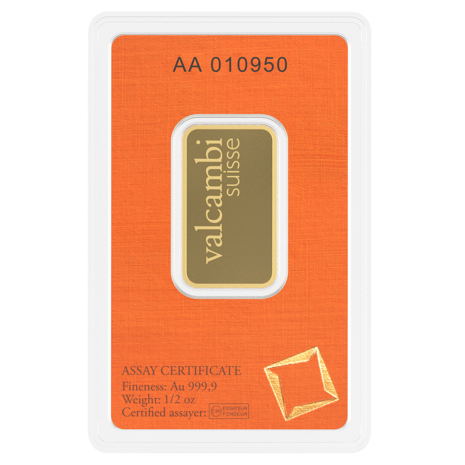 0.5 oz (1/2 oz) Gold Bar – Valcambi Suisse – 999.9 Fine in Assay