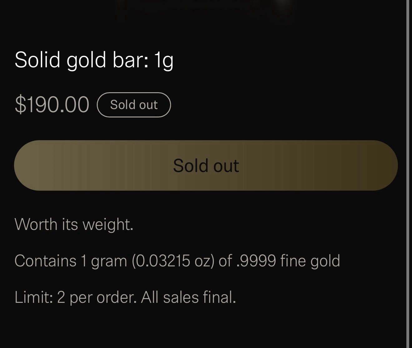 Robinhood Solid gold bar: Contains 1 gram (0.03215 oz) of .9999 fine gold