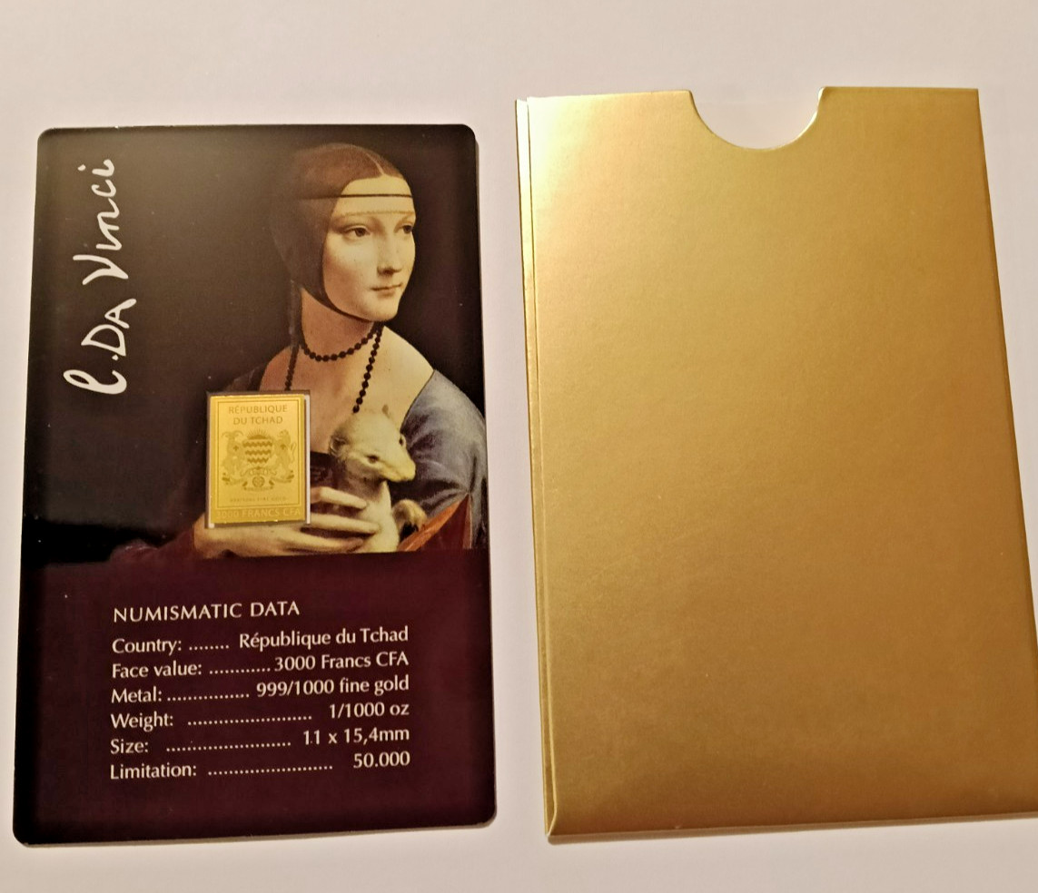 1/1000th oz, 24k gold coin bar Lady with ermine by Leonardo Da Vinci