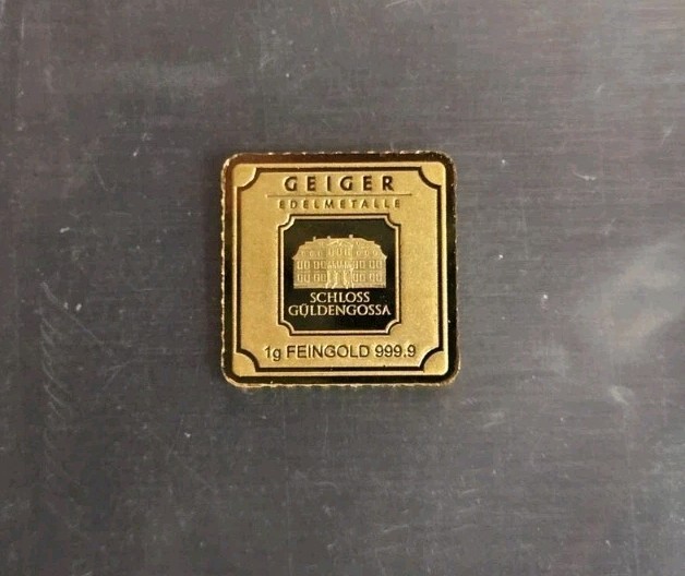Geiger Gold 1 gram .999 Loose Bar (stock photo)