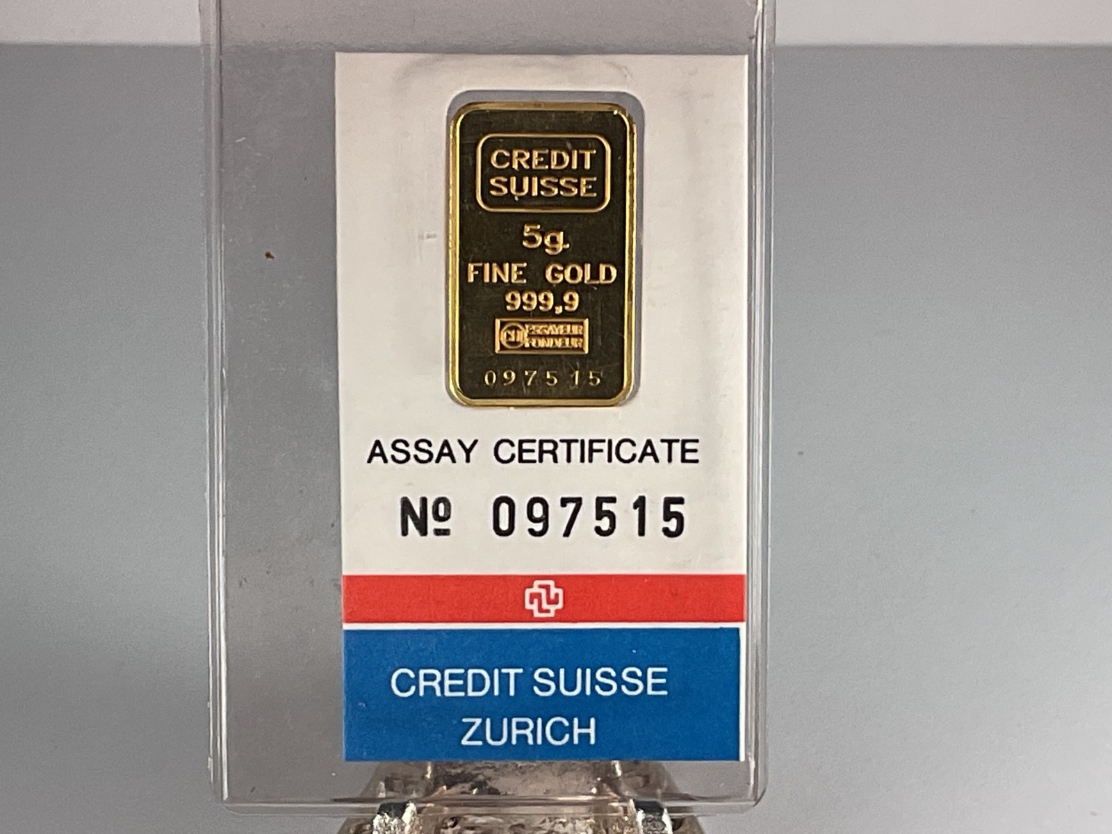 1985 Credit Suisse 5g 0.9999 Fine Gold Bar in Assay Card – 5g Total Gold Content