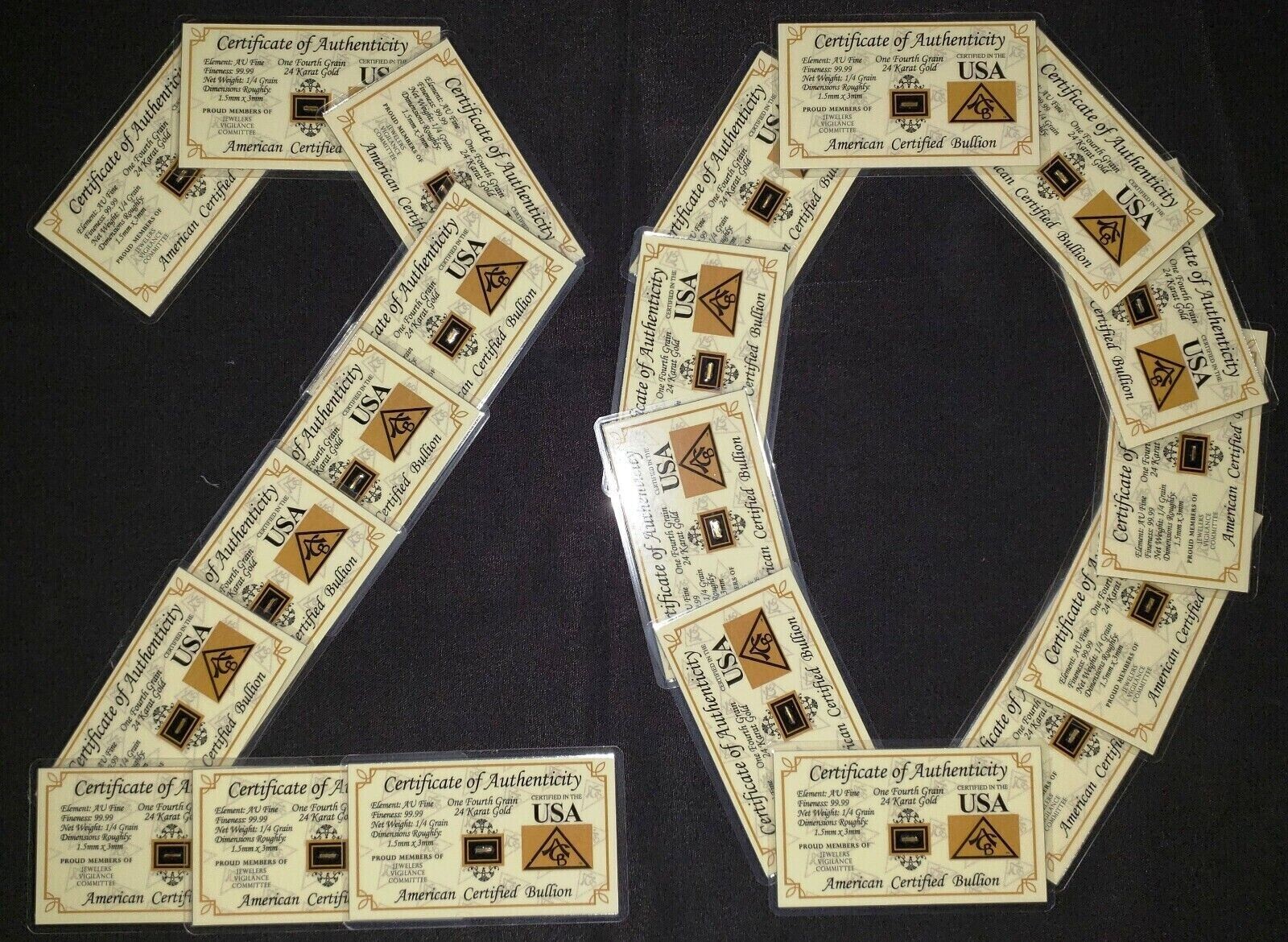 GOLD x20 ACB 1/4GRAIN 24K SOLID BULLION MINT BAR 9999 FINE CERT/AUTHENTICITY