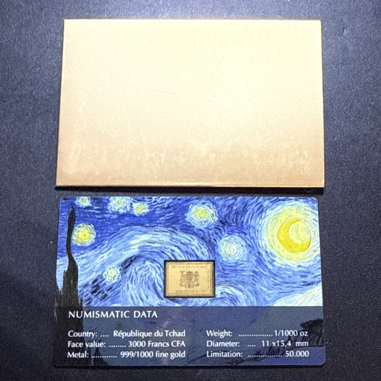 2025 Vincent Van Gogh Starry Night 1/1000Oz .999 Gold Coin card 3000 Francs Chad