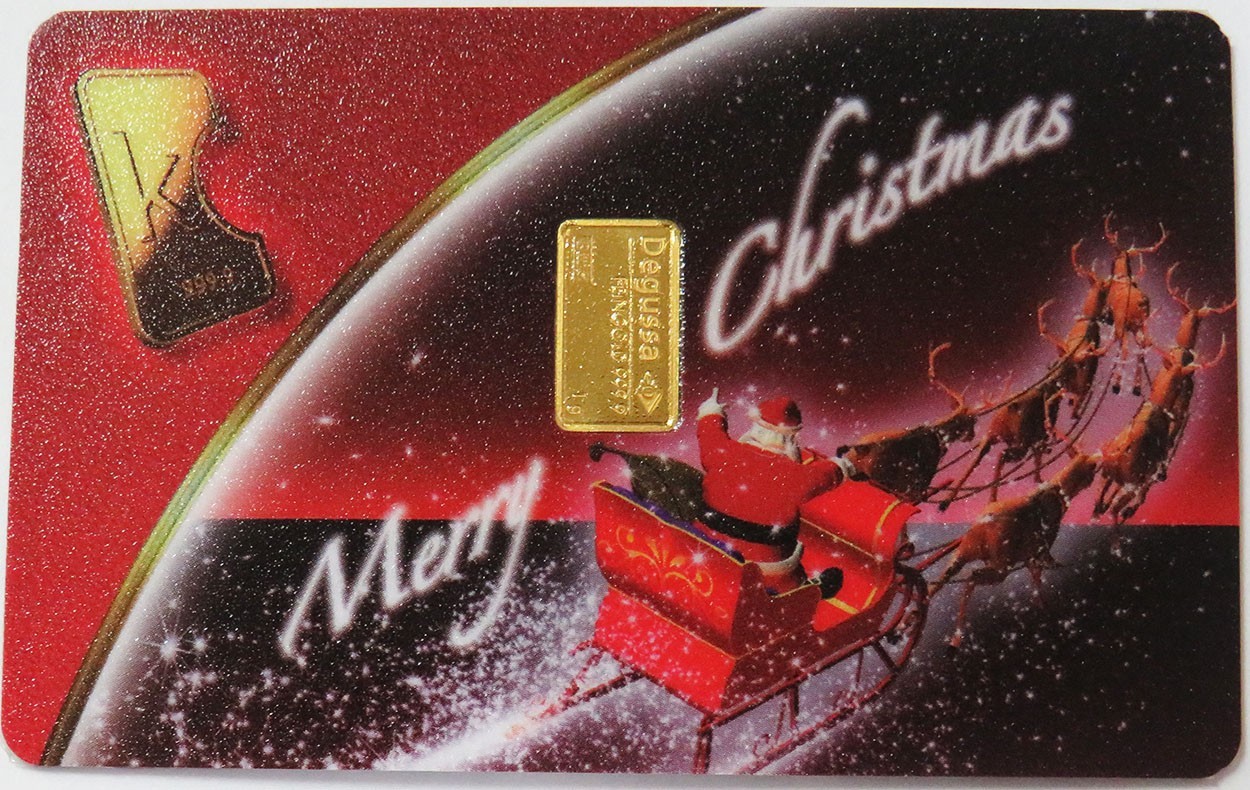 MERRY CHRISTMAS SANTA FLYING 1 GRAM DEGUSSA KARATBARS 1g GOLD 999.9 BAR IN CARD