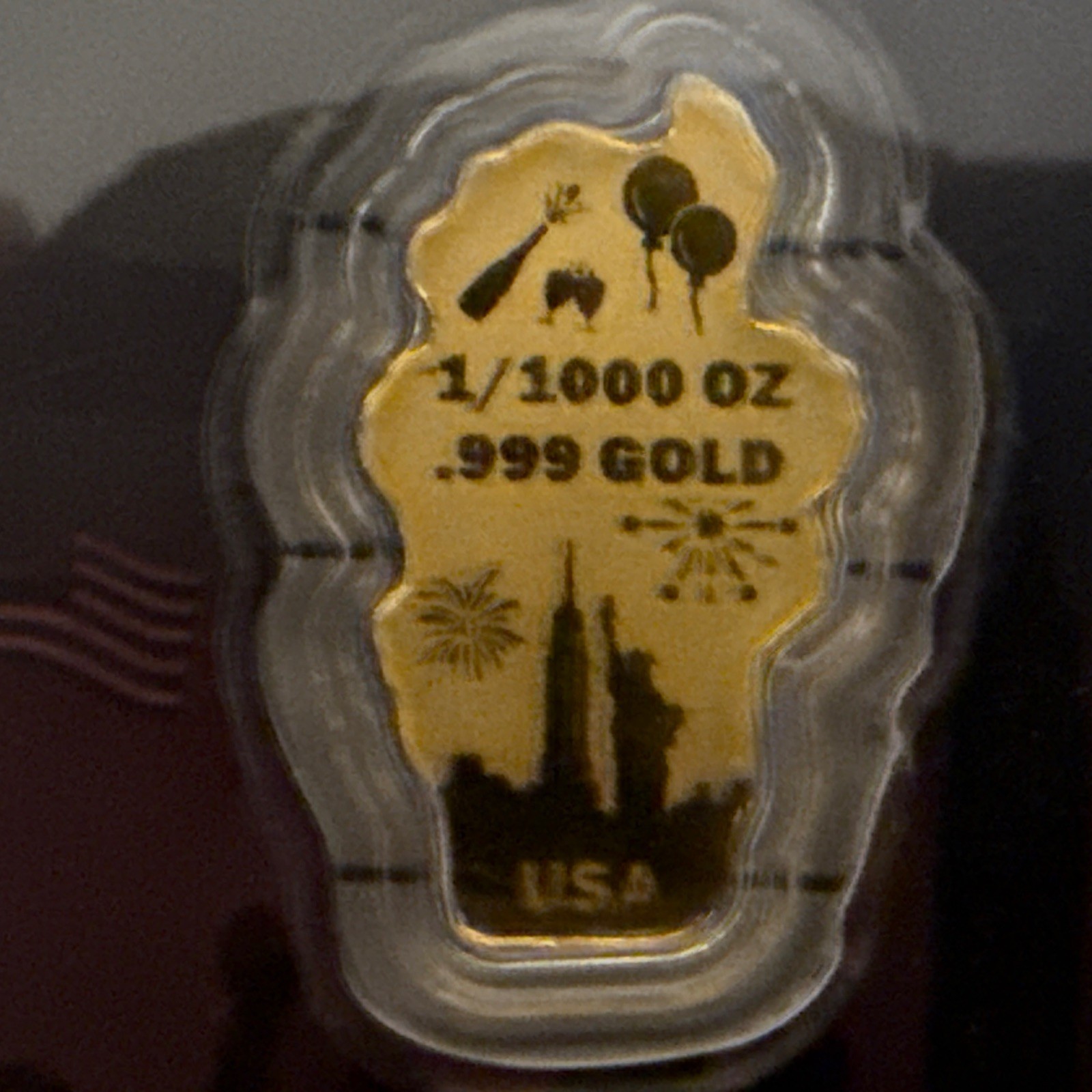 1/1000th Oz .9999 Gold USA 250th Year Anniversary Happy New Year Gold Foil Bar!