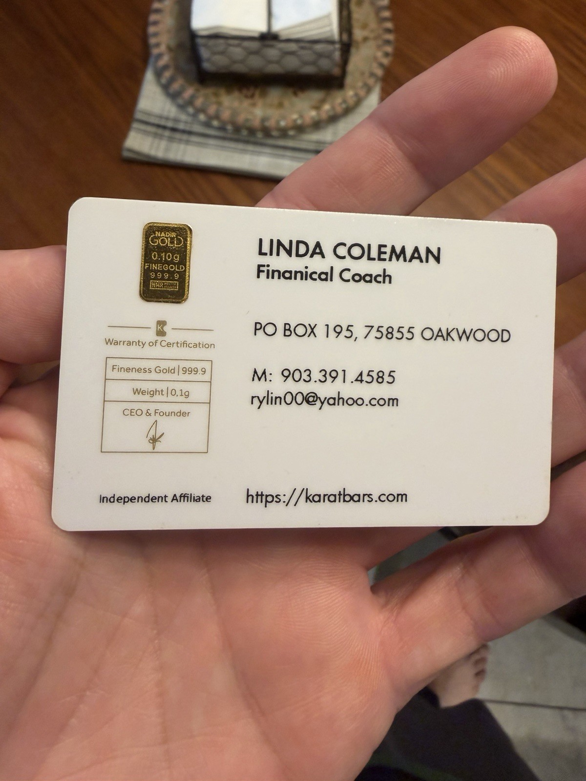 0.1 gram Gold Karatbars Business Card With “Finanical” Error On Card Nadir Gold