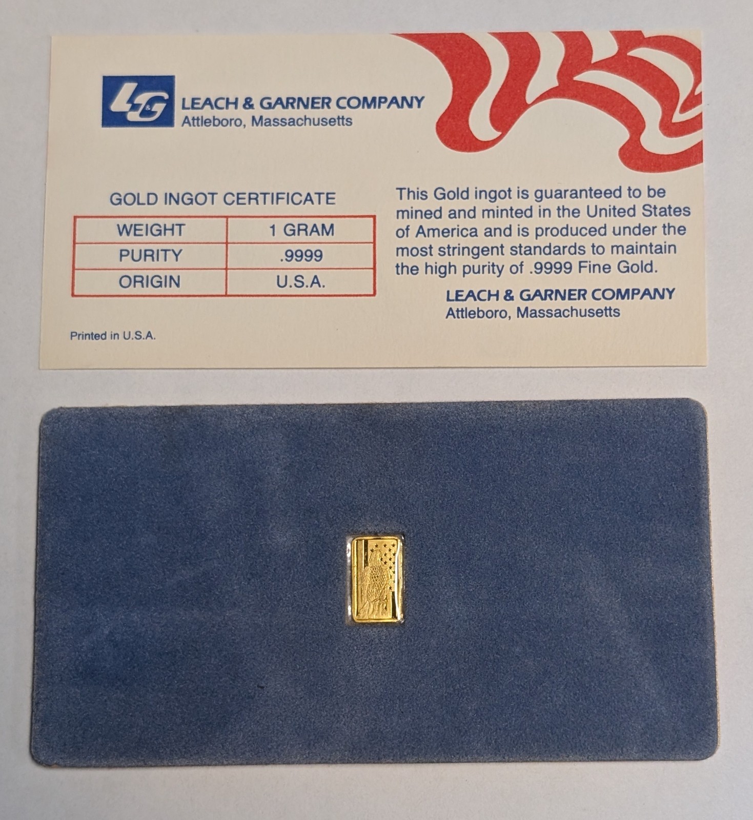 RARE 1 Gram .9999 Gold Bar ~ “Spirit of America” by Leach & Garner Attleboro, MA