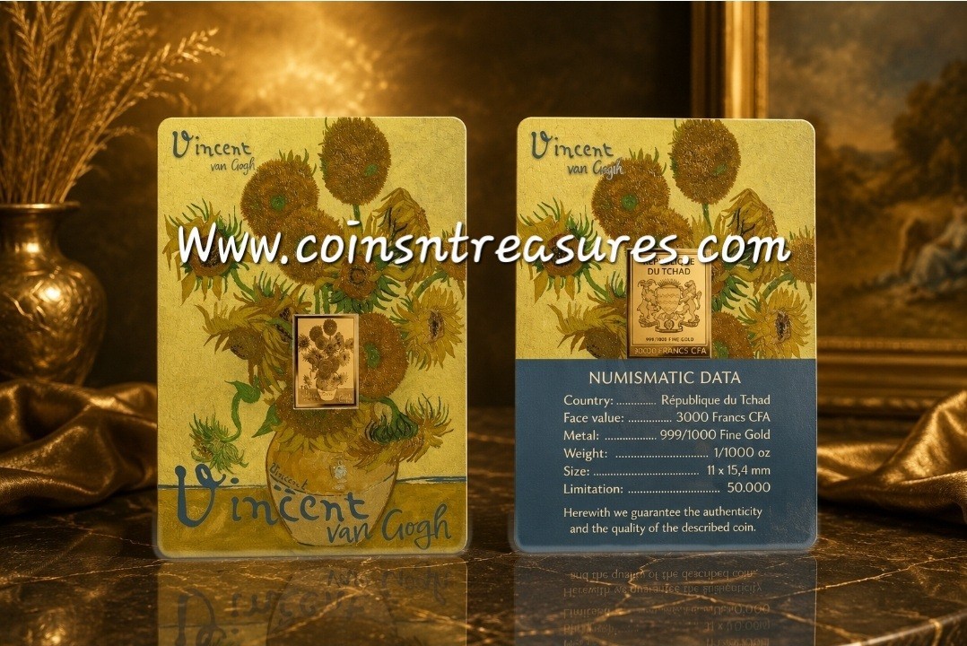 Vincent Van Gogh Sunflowers 1/1000 Oz 999 Gold in Coin card 3000 Francs Chad