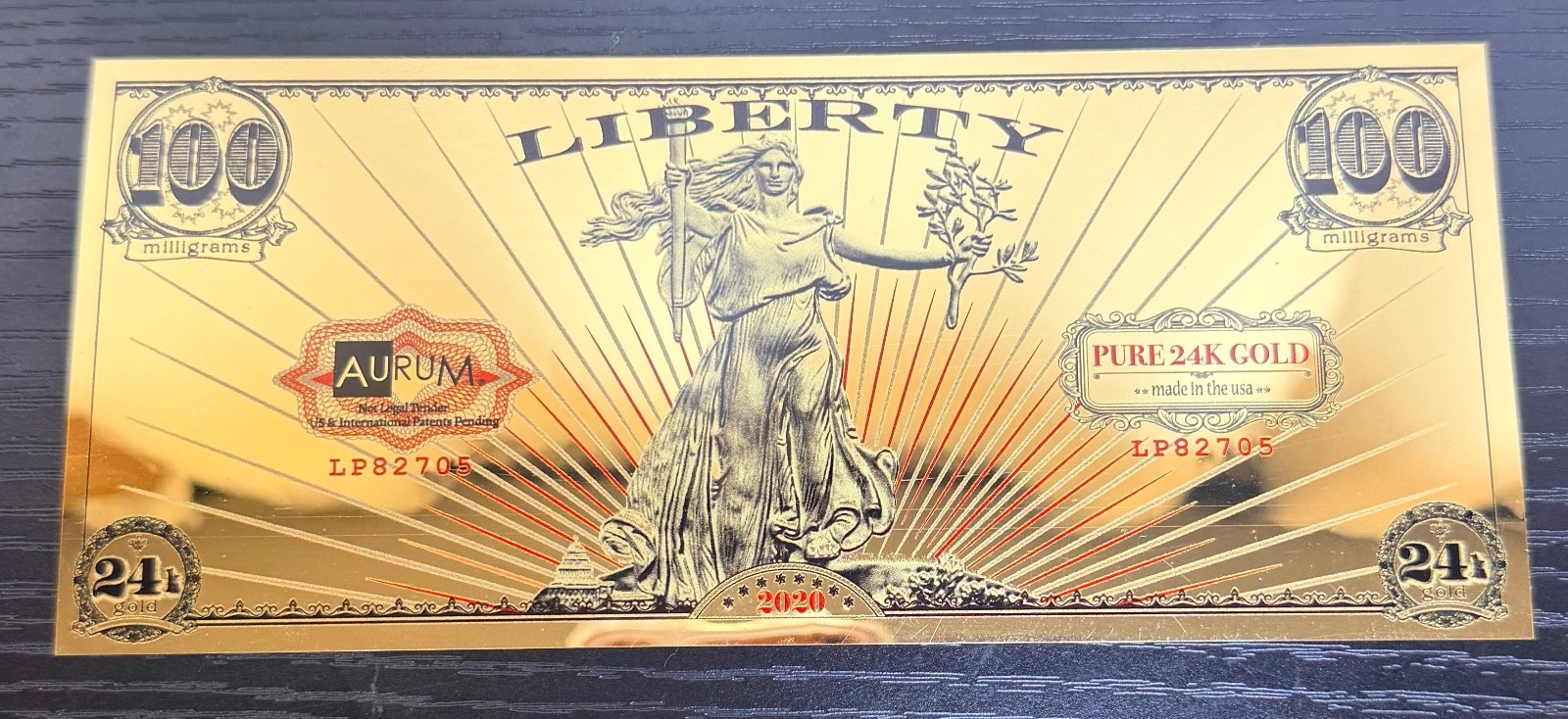 2020 Valaurum Aurum Liberty 100 Milligram 24k .999 Gold Note w/ Org Sleeve