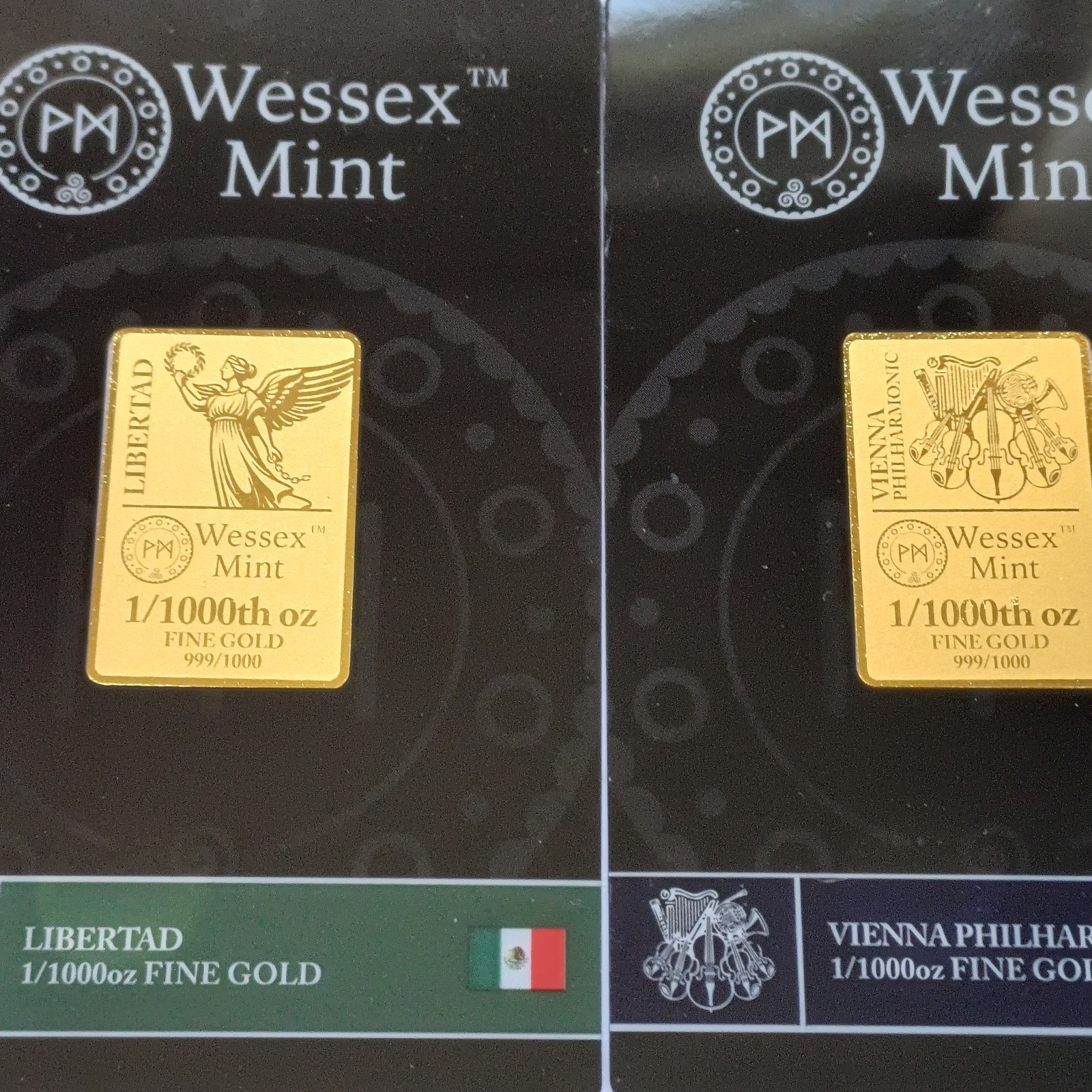 Wessex Mint 1/1000th oz 0.0311g Libertad, Vienna, ArchAngel Michael Gold Bars