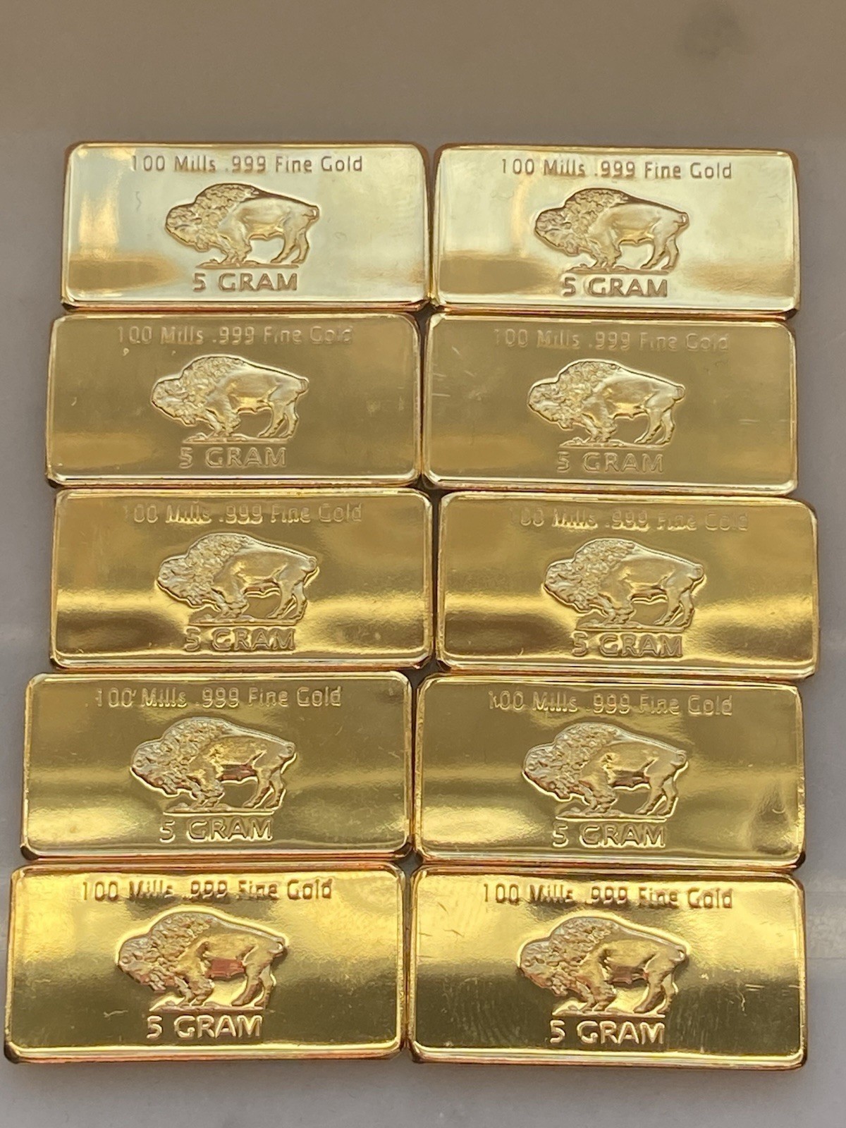 Lot of 10 – 5 GRAM 100 MILLLS GOLD BUFFALO BULLION BARS .999 FINE Clear Capsule