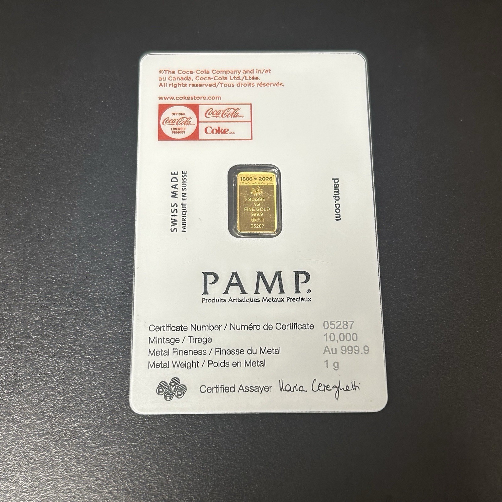 1 Gram Gold Bar PAMP Coca-Cola Valentine’s Love Bar .9999 Fine In Assay