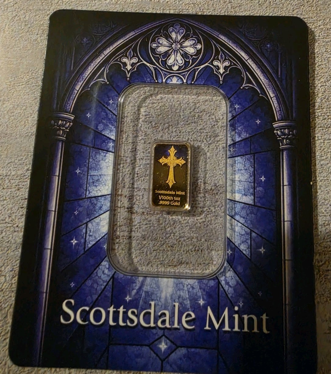 Scottsdale Mint 1/100 oz 24Kt Gold Bar Easter Cross Collectible Sealed In Assay