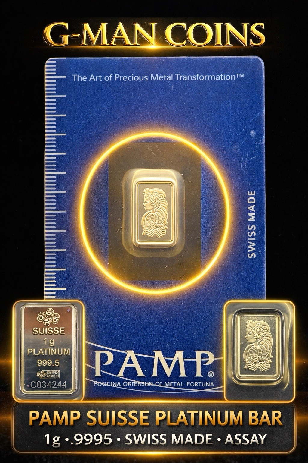 1g Platinum Bar PAMP Suisse Fortuna .9995 Fine Assay Card Ingot