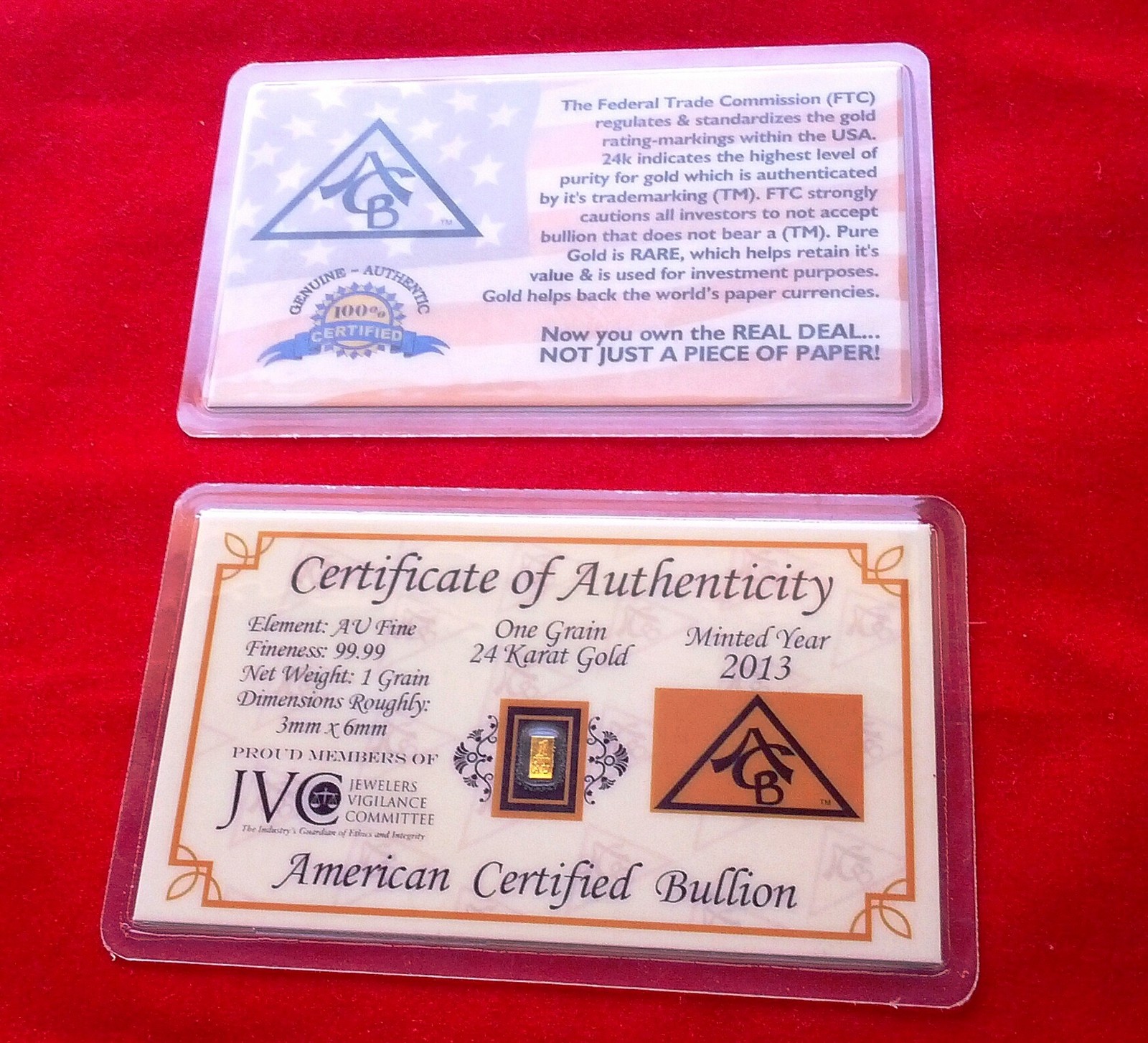 x5 ACB 24K GOLD Vertical 1GRAIN SOLID BULLION BAR 9999 FINE W/CERTIFICATE !$